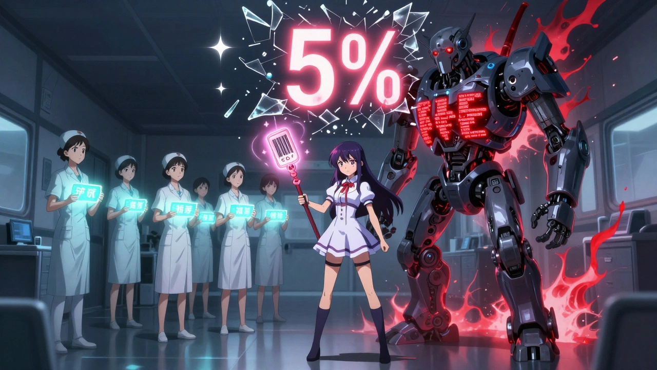 A magical girl defeats a corrupted dispensing machine with a barcode staff under a starry hospital corridor.