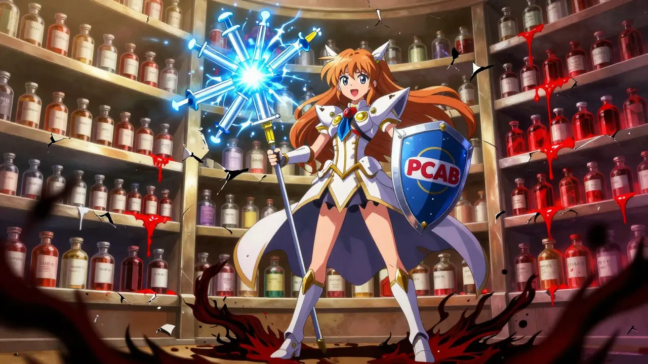 A magical girl fights corrupted compounded medicine potions with a syringe staff and PCAB shield.