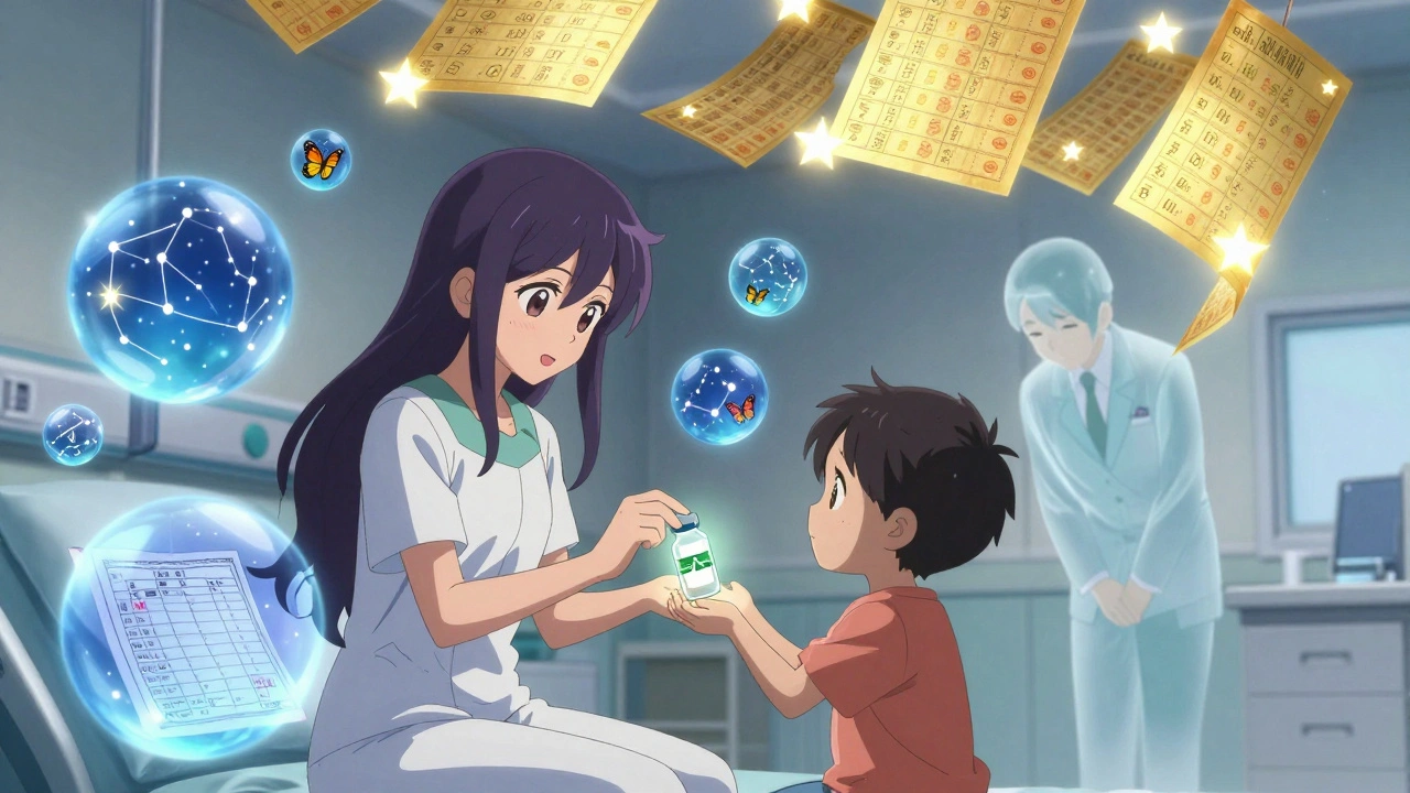 A magical girl gives a child a glowing dose as AI orbs and butterflies float around them in a pediatric ward.