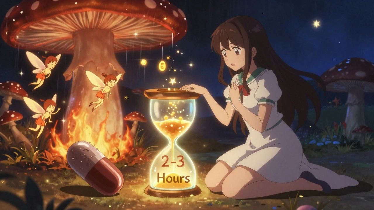 A magical girl using a time hourglass to separate antibiotic and probiotic doses with glowing particles.