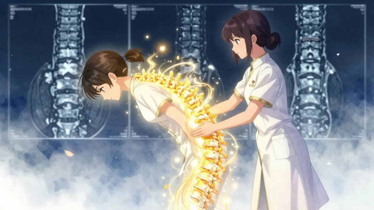 A magical therapist guides a girl bending forward, golden energy opening her spinal canal with floating light particles.