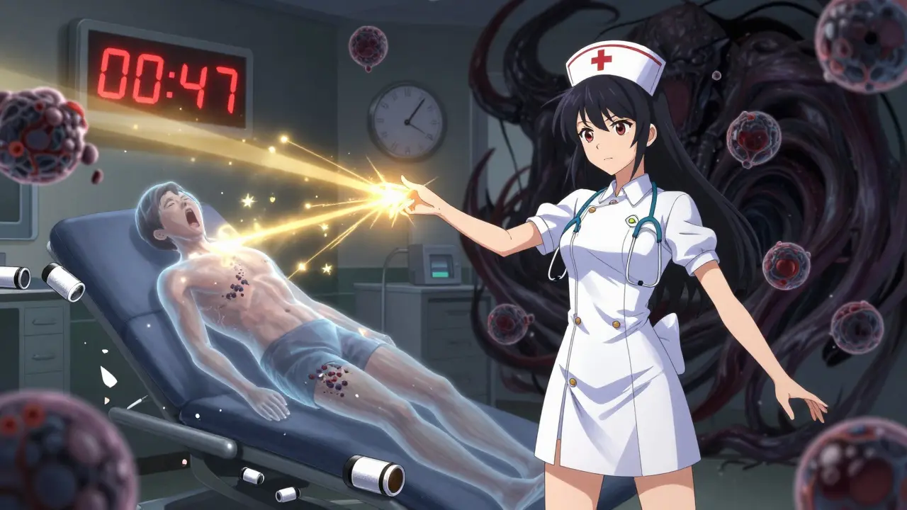 A nurse-heroine battles a bradykinin monster in an ER turned magical battlefield, channeling healing energy toward a patient.