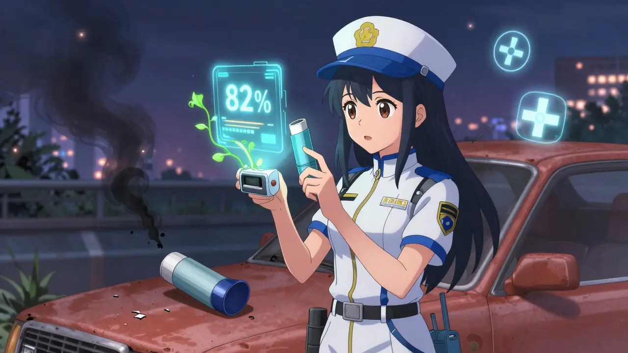 A paramedic scans an expired inhaler with a crystal device, green vines growing as potency glows on a hologram.