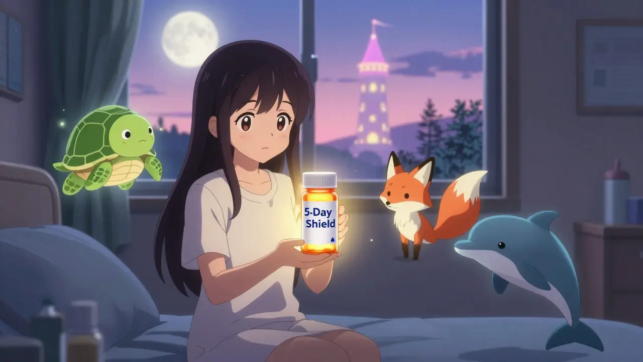A patient at home holds a glowing prescription as friendly spirit animals radiate gentle light around them.