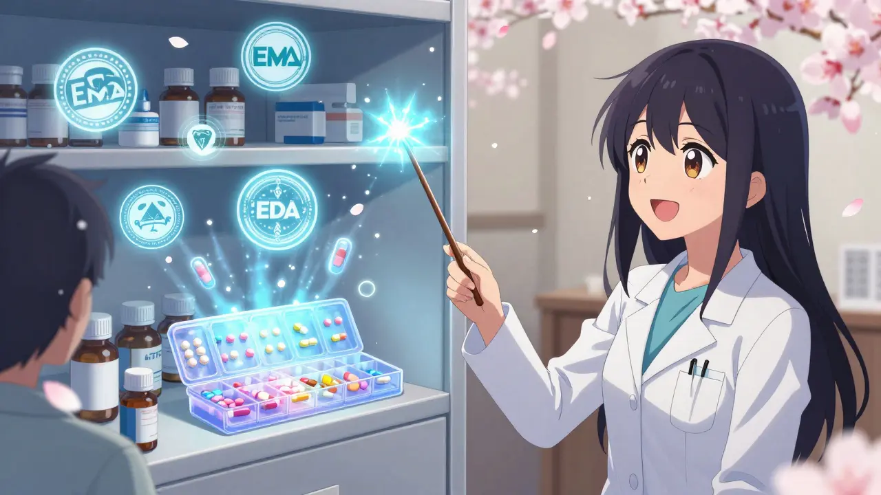 A pharmacist casting a spell to transform mismatched pills into perfect combo doses with magical light.