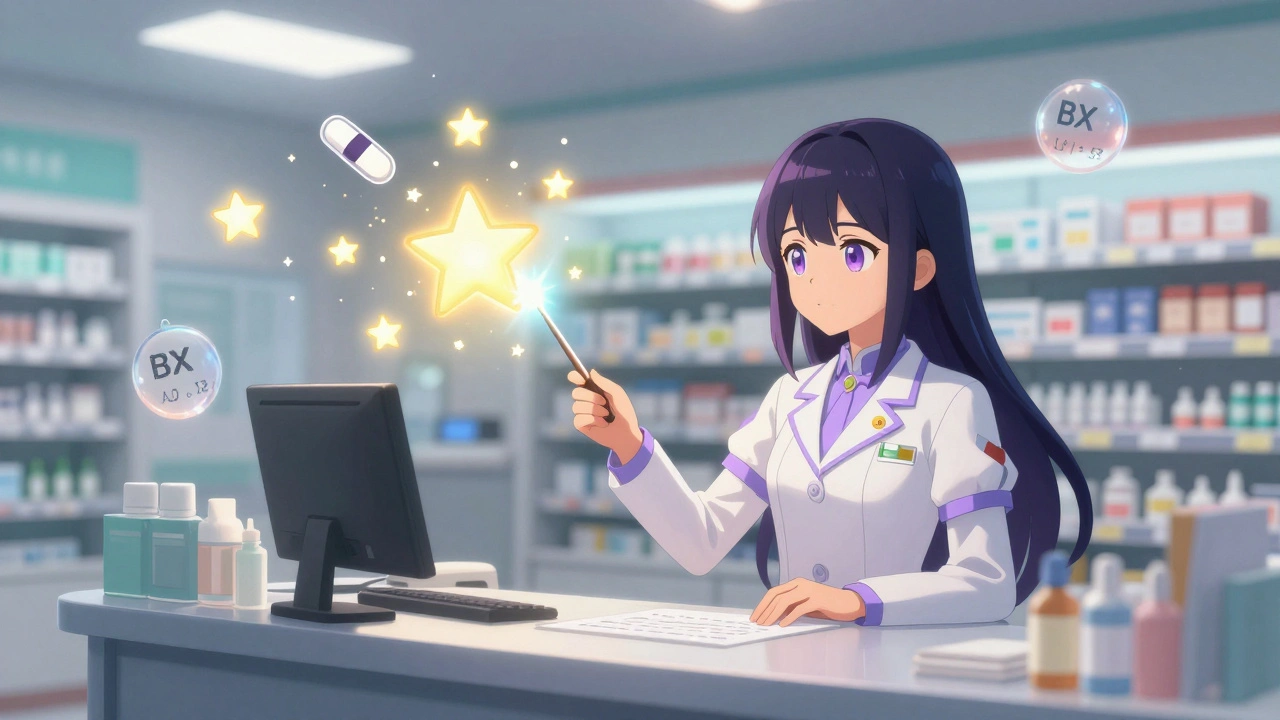 A pharmacist casting sparkling AB-rating spells at a pharmacy counter with floating patent timers.