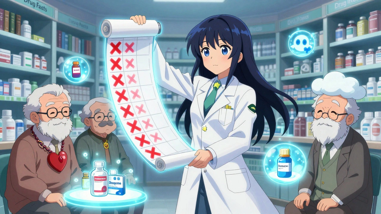 A pharmacist guides elderly patients with floating pill icons, using a magical checklist to remove duplicate medications.