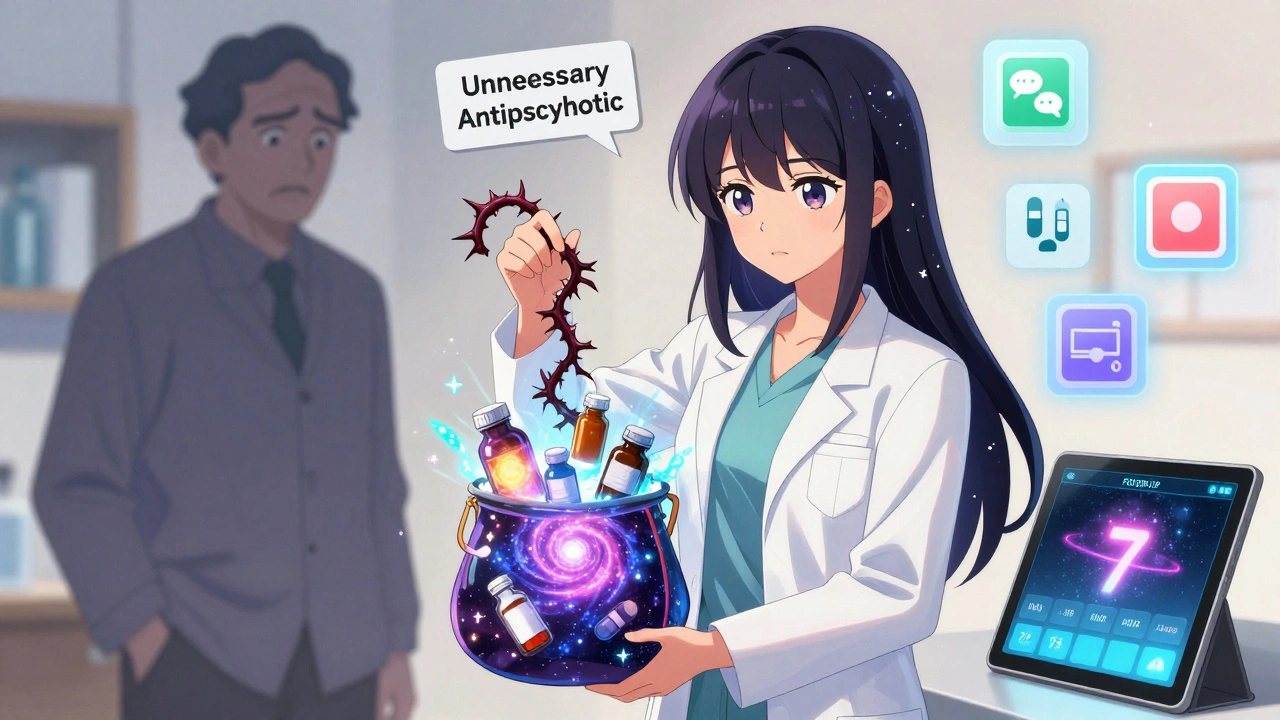 A pharmacist holding a crystal brown bag releasing a galaxy of medication bottles while removing a dark, unnecessary vine.