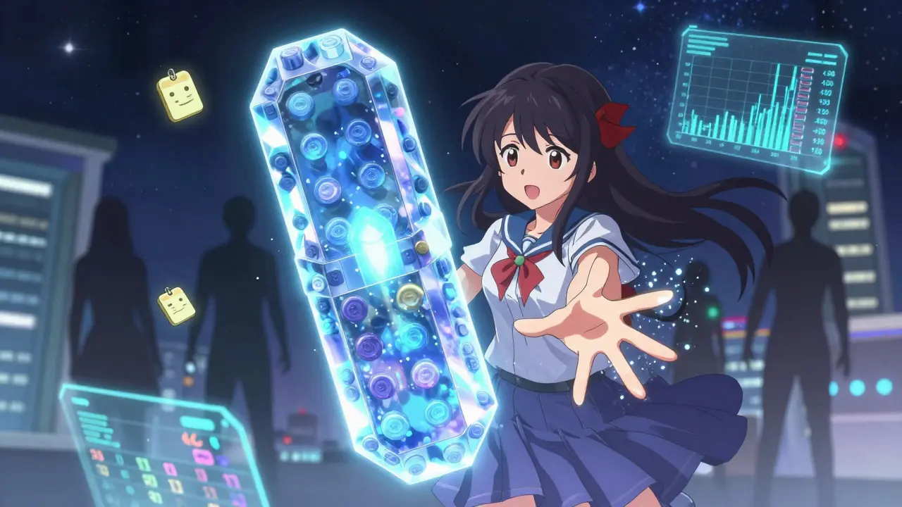 A protagonist unlocking a modular pill that customizes doses, while unsafe combos fade into light.