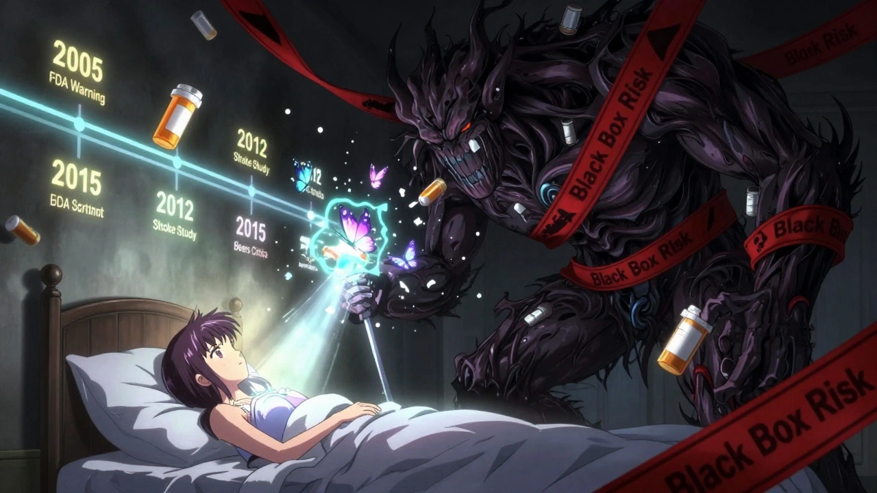 A radiant magical girl battles a monster made of warning pills and black box labels, shattering them with healing light.