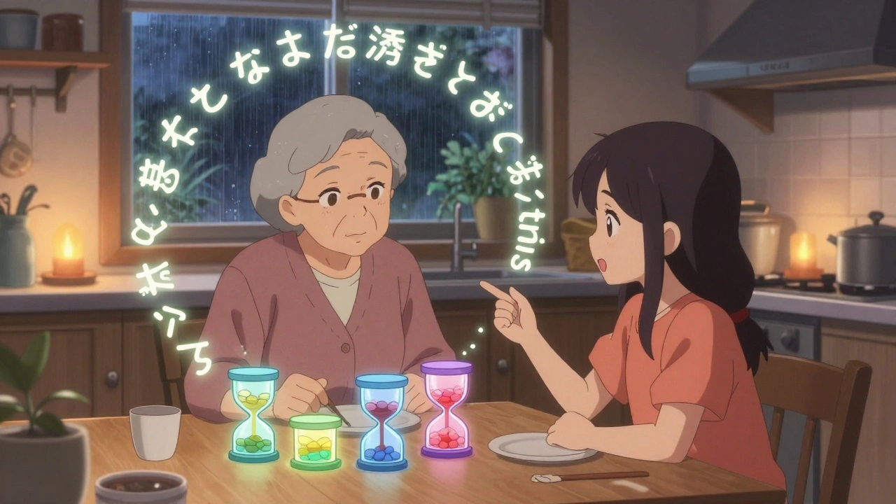 A senior and her granddaughter at a kitchen table with animated pill organizers glowing as they use the Teach-Back method.