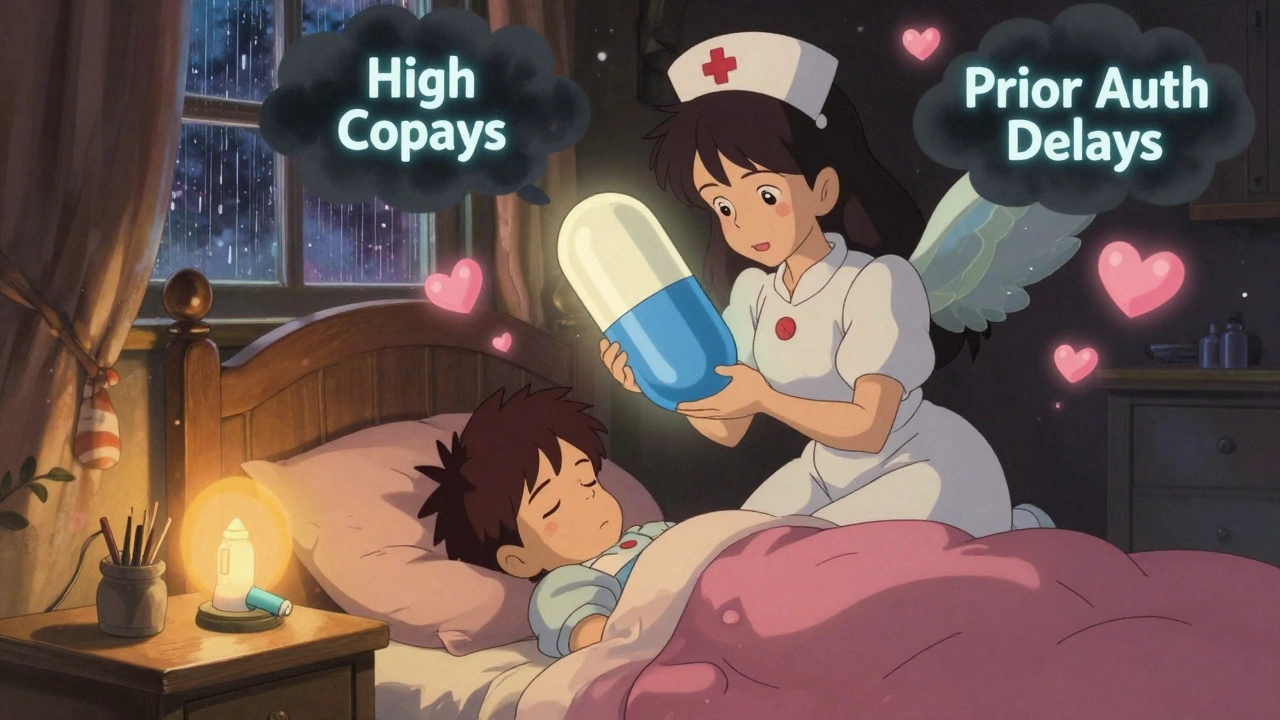 A sleeping child protected by a celestial nurse guardian holding a giant generic pill like a shield.