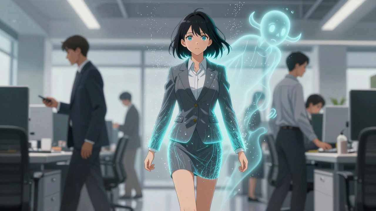 A woman walks to work with a glowing cooling vest that turns sweat into sparkling mist.