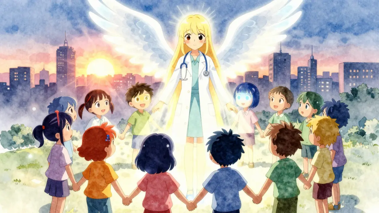 Children with colored auras are healed by a magical guardian angel transforming their vision.