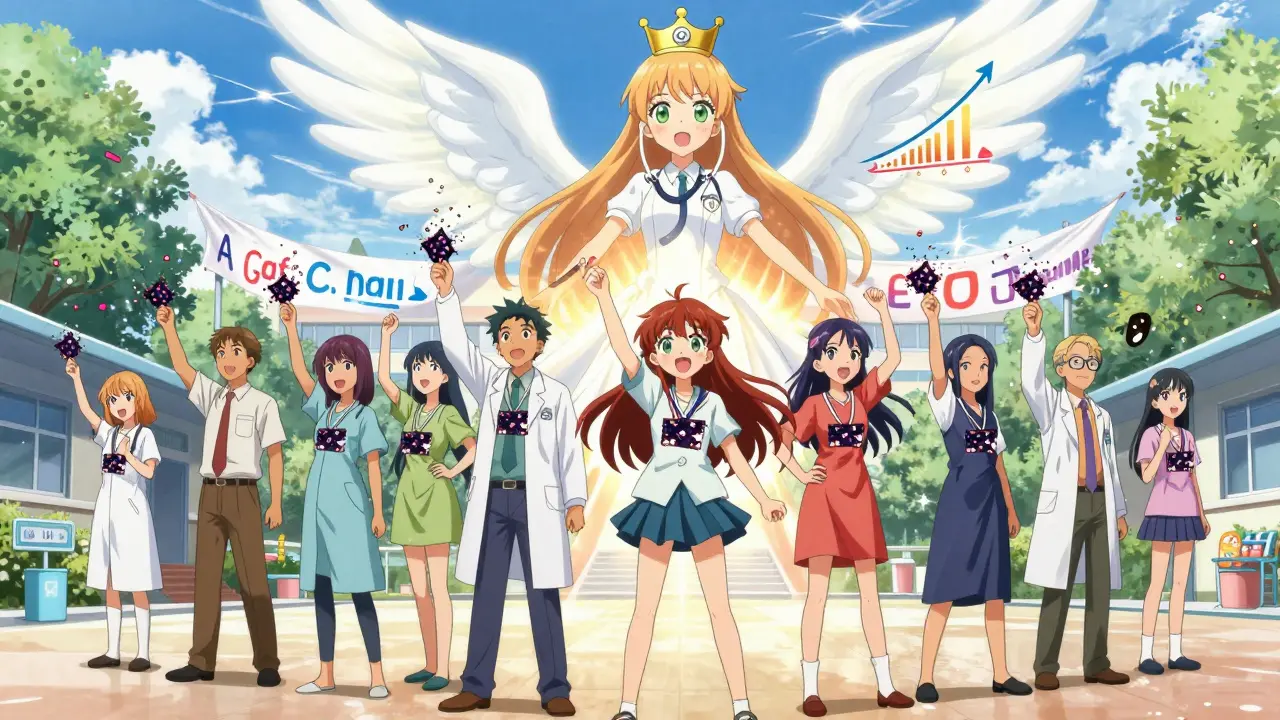 Diverse patients shed allergy labels that become confetti as a winged magical girl radiates healing light.