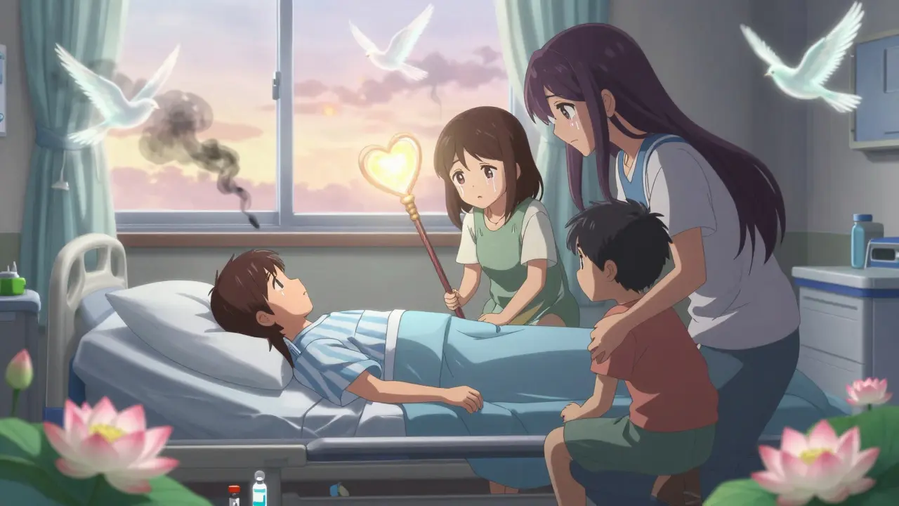Family embraces a recovered loved one as healing light and symbolic birds carry away overdose danger in a hospital room.