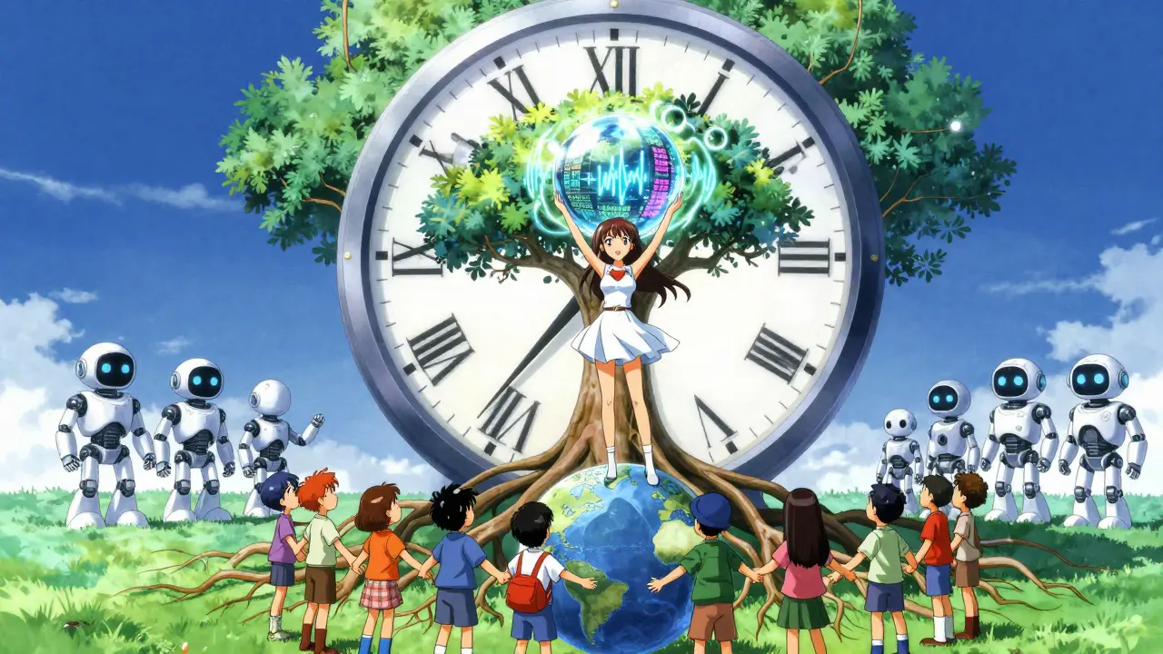 Girl channels real-world health data into a global tree of safety, uniting children worldwide.