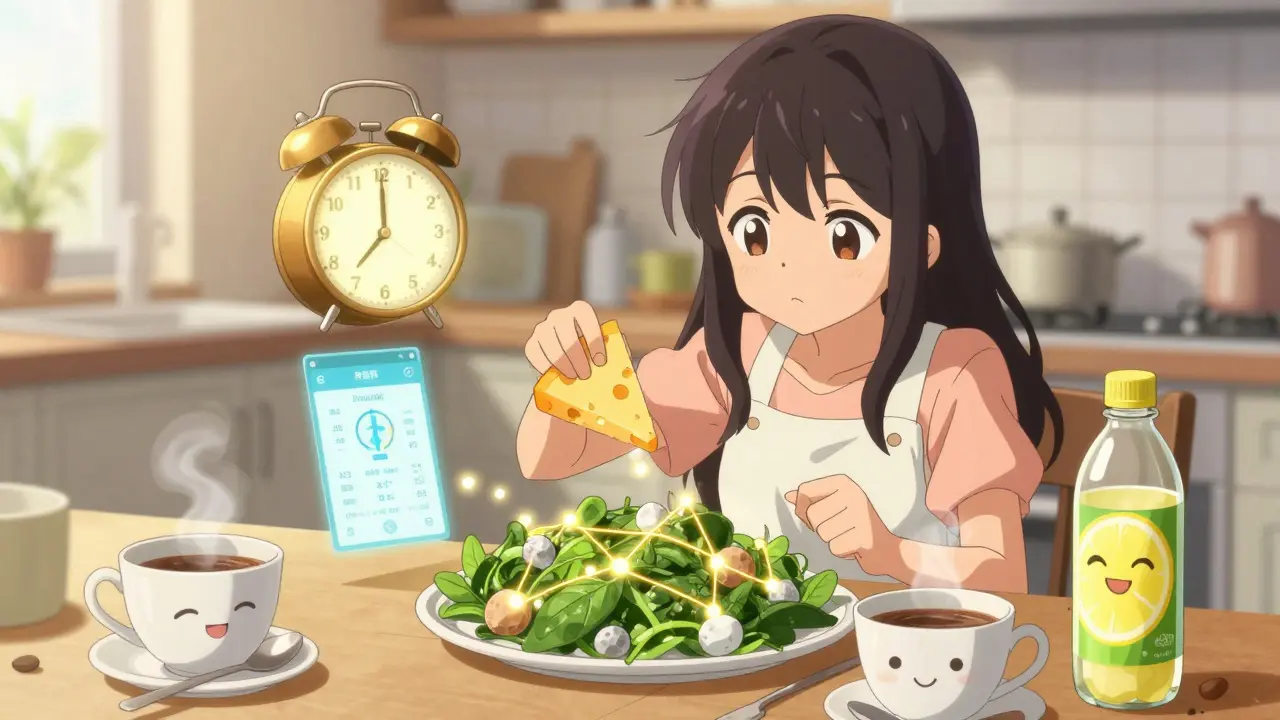 Girl pairing cheese with spinach as golden bonds prevent stone formation in a cozy kitchen.