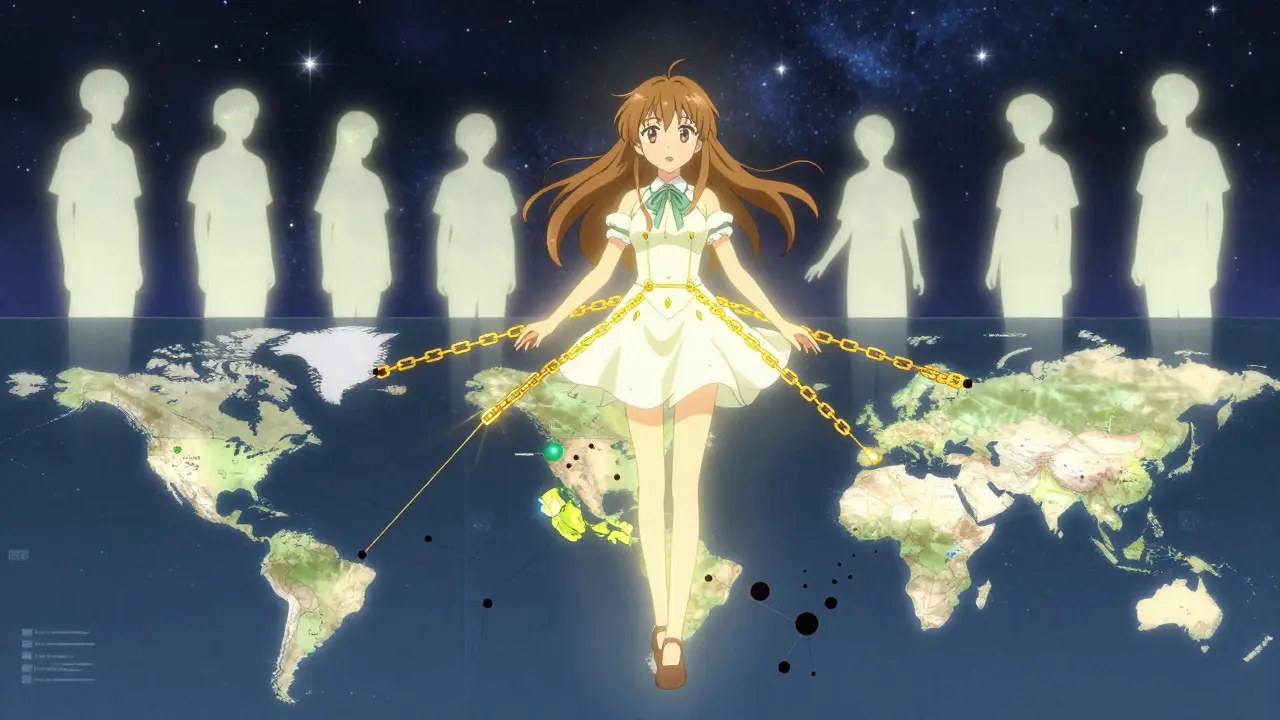 Heroine connects pharmacovigilance systems across continents with golden light chains.