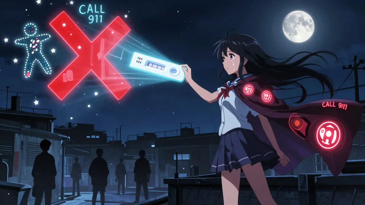 Heroine holding a giant test strip projecting a warning over counterfeit drugs, with emergency sirens forming her cape under the moon.