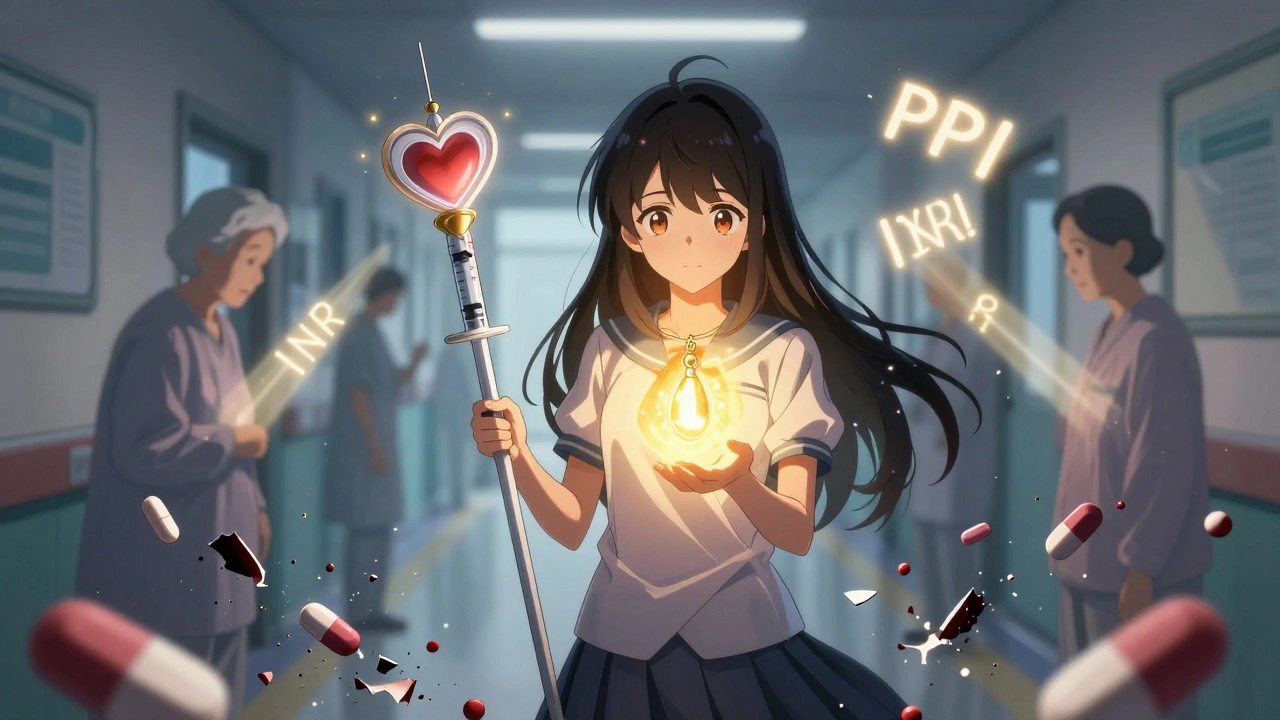 Heroine holding acetaminophen charm as NSAID pills crumble into dust