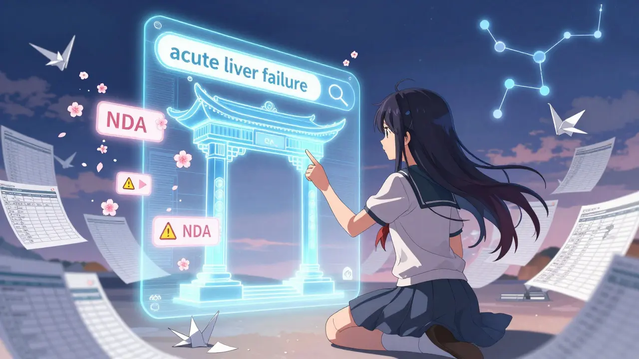 Heroine interacting with holographic drug search console and floating labels