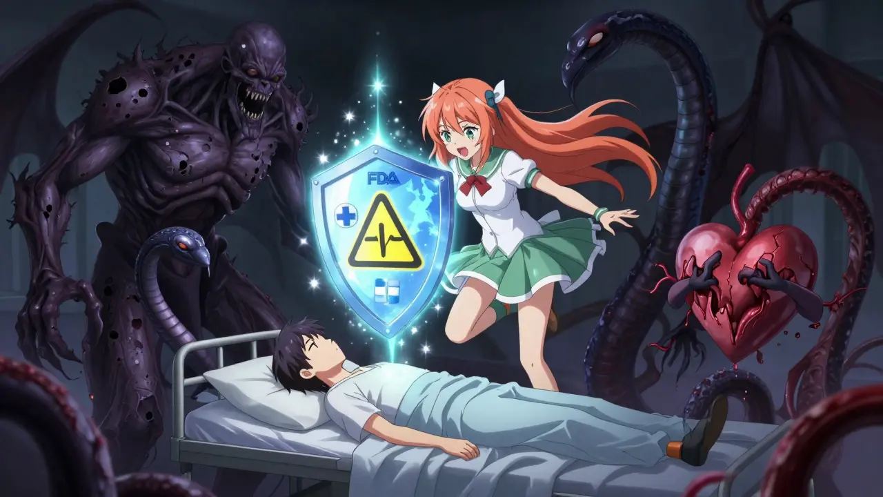 Heroine using a medical shield to protect a patient from monstrous side effect creatures.
