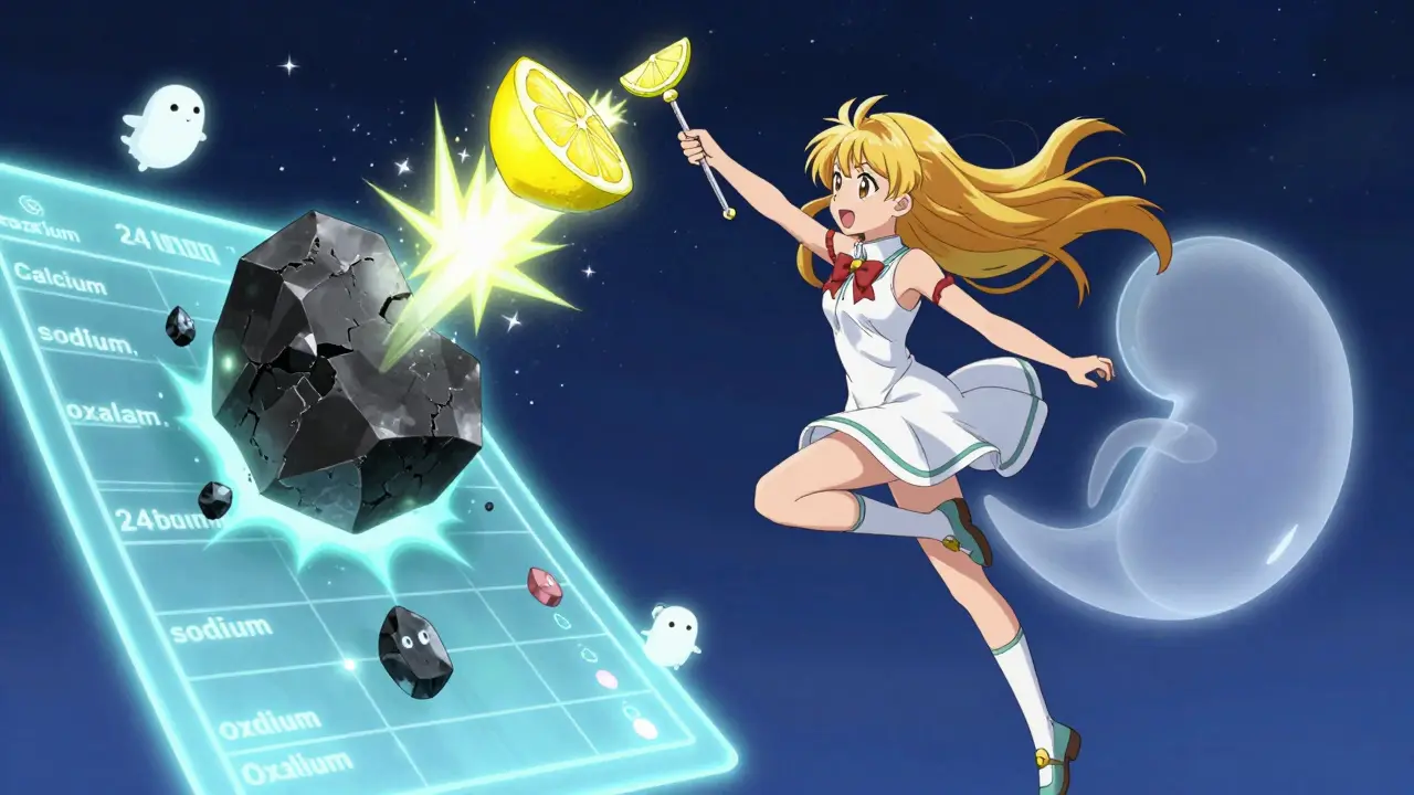 Heroine using lemon wand to dissolve a kidney stone above a glowing urine chart.