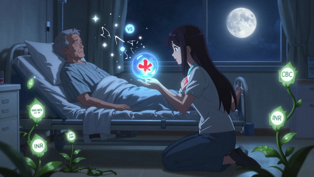 Magical girl comforting patient as bleeding risk and safe antidepressant spirits rise above them.