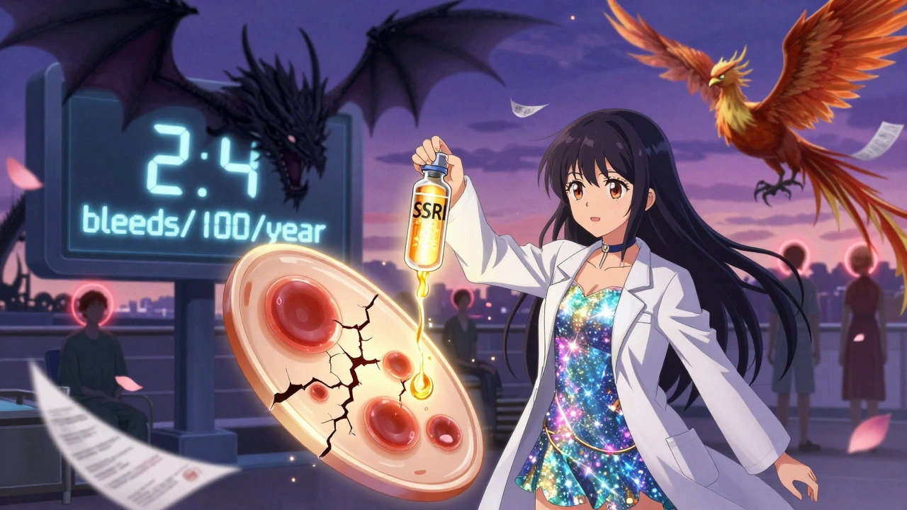 Magical girl in lab coat holding SSRI vial as warfarin dragon and DOAC phoenix clash behind her.