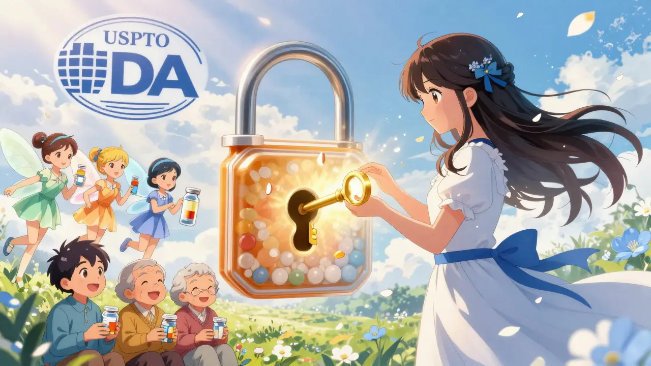 Magical girl unlocking a pill-shaped lock, releasing fairies with affordable medicines into a hopeful world.