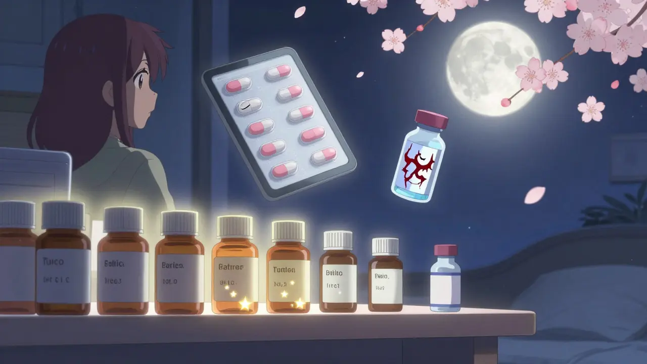Moonlit medicine bottles glow on a shelf, some fading into stars, others darkening with ominous runes.