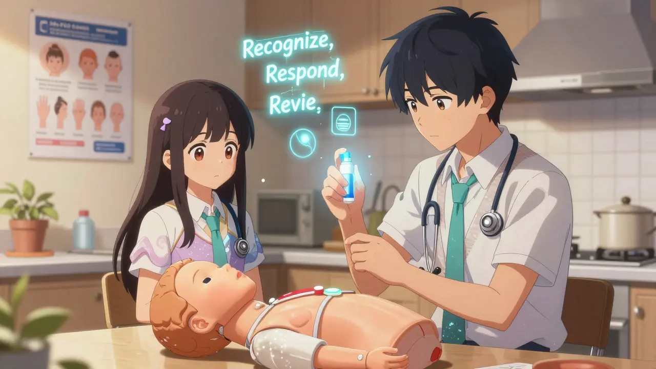 Siblings practice using naloxone on a mannequin with magical training icons floating above them in a cozy kitchen.