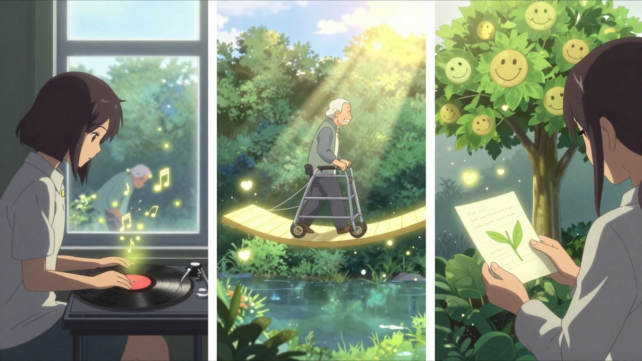 Three peaceful scenes show dementia care without drugs: music notes as fireflies, walking on light, and a smiling tree grown from a note.