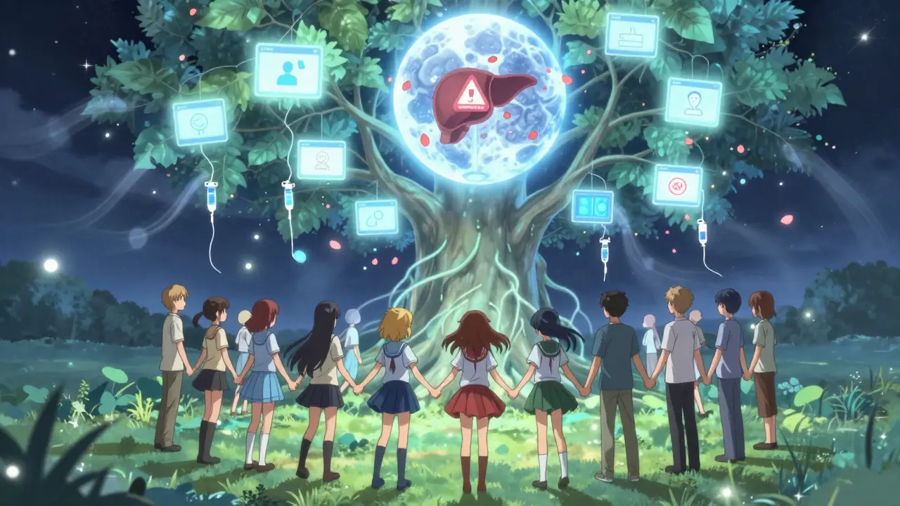 A diverse group stands united under a healing brain-tree with therapy apps glowing above.