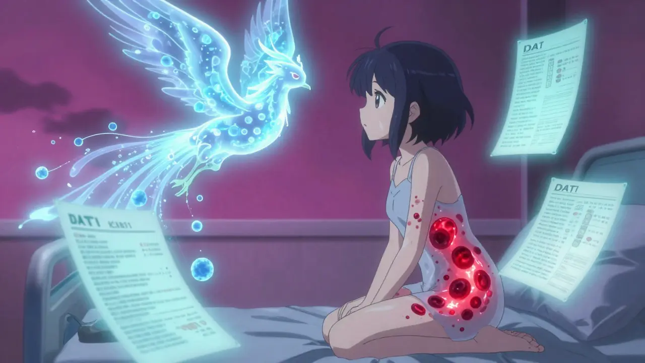 A girl in a hospital bed is healed by a phoenix made of oxygen molecules dissolving toxic clumps in her blood cells.