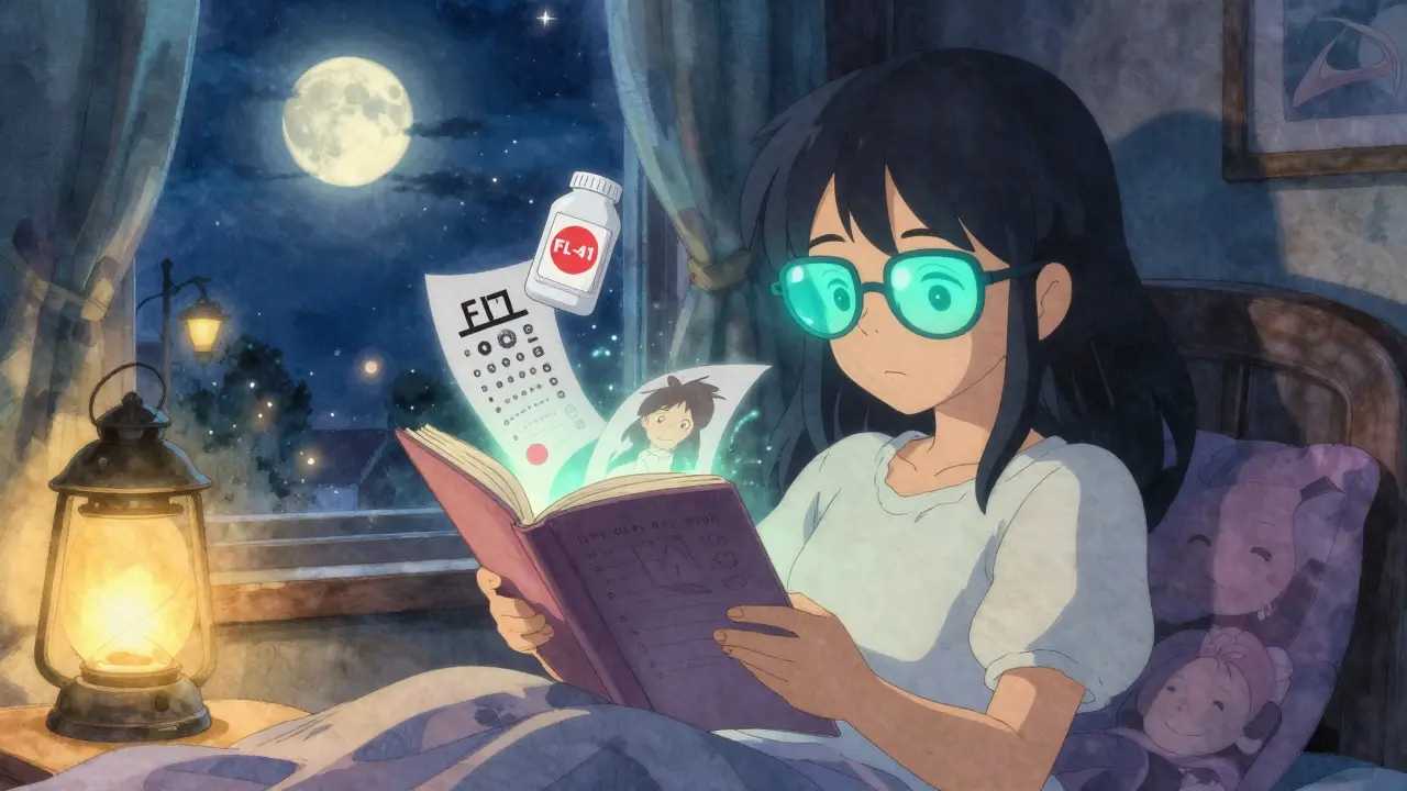 A girl reads to a child under warm lights, wearing protective glasses that filter light into soothing colors.