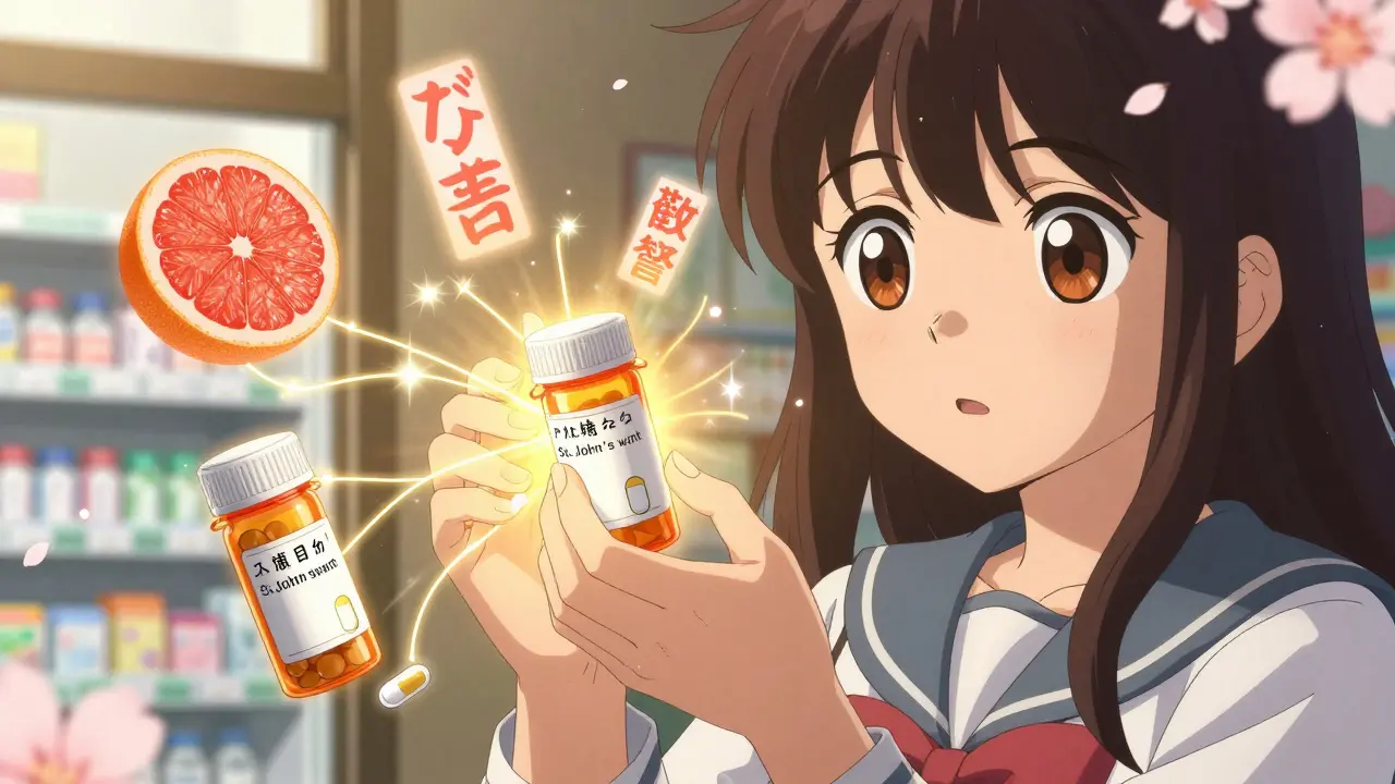 A girl’s hands hold a glowing prescription connected by golden threads to grapefruit, supplements, and painkillers with warning kanji.
