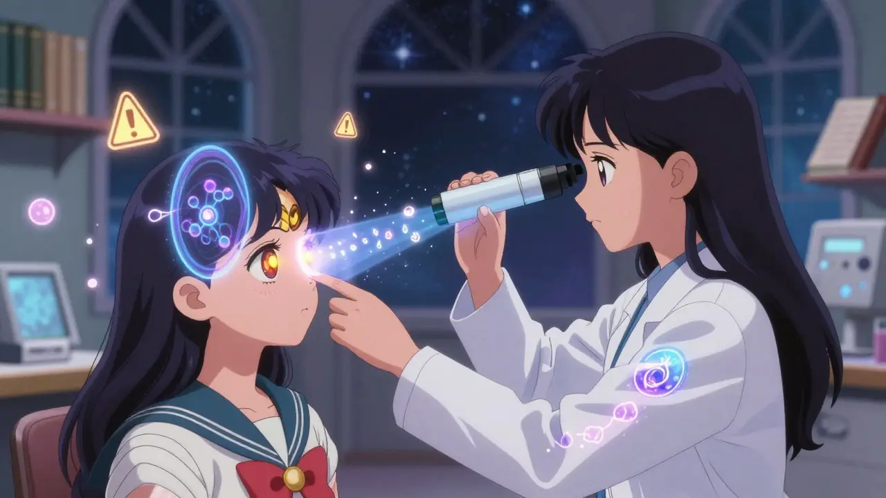 A magical eye exam with holographic retinal scans and glowing crystals representing drug deposits in the eye.