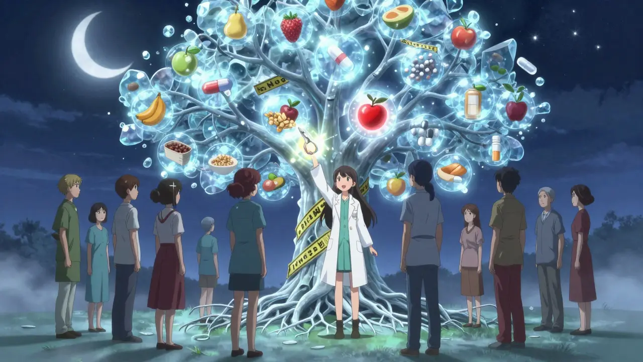 A magical girl prunes a glowing medication tree with dangerous fruit while safety energy radiates around patients.