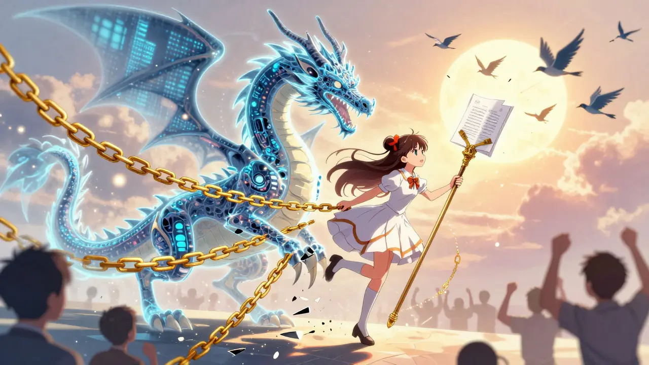A magical girl purifies a corrupted AI dragon with legal documents as chains of silence break apart.