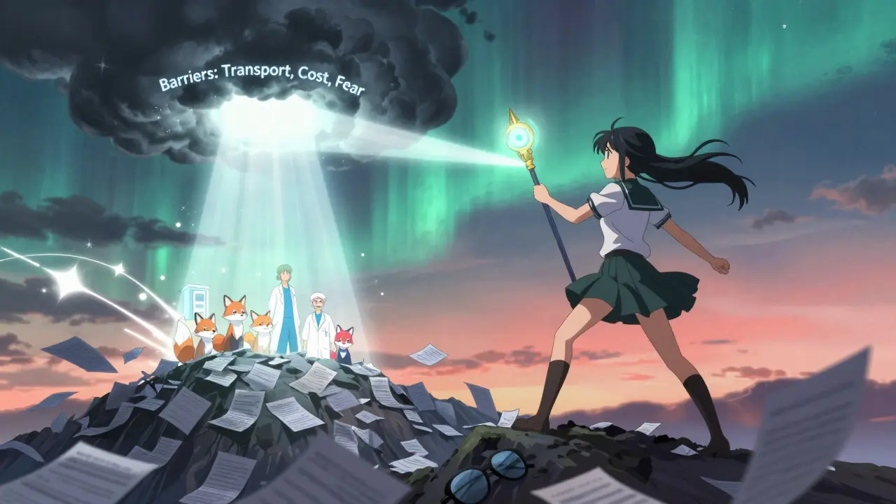 A magical girl warrior defeats barriers to eye screening with a radiant scepter, light piercing dark clouds of fear and cost.