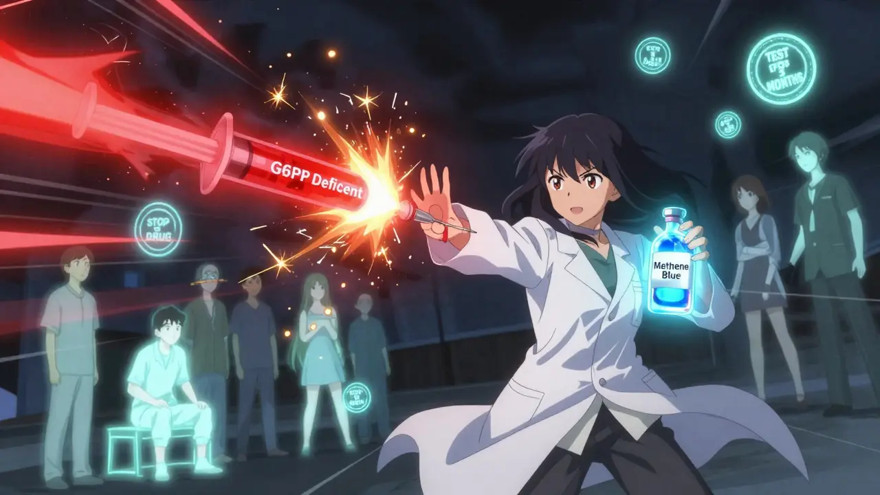 A magical warrior blocks a dangerous methylene blue beam while protective auras glow around patients with genetic warnings.