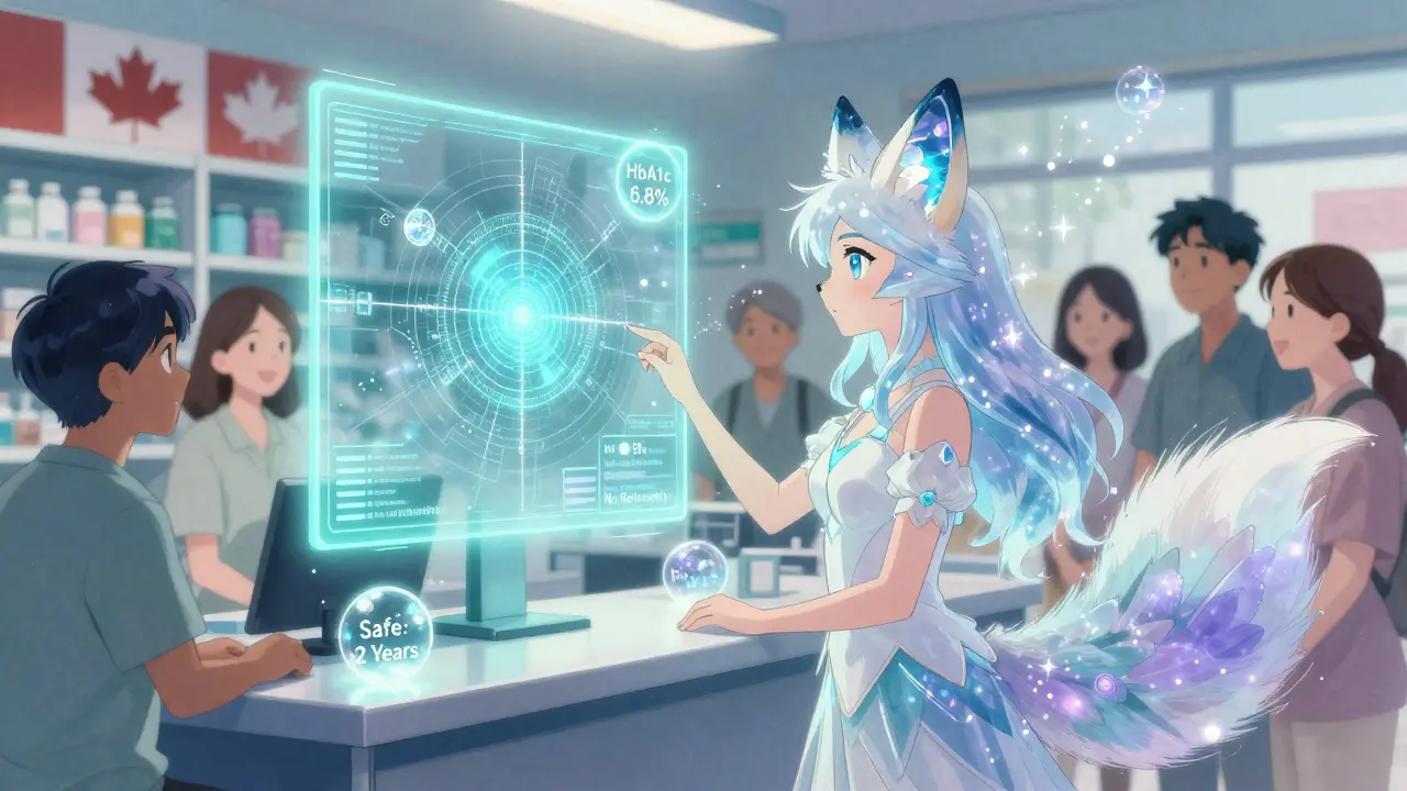 A mystical fox AI analyzes floating retinal data orbs above a pharmacy counter, patients smile in the background.