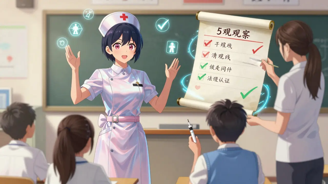 A nurse using magic to train an aide in safe medication administration with glowing legal rules.