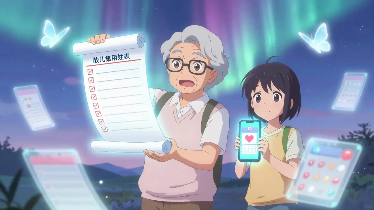 A senior and family member watch medications transform into butterflies beside a glowing medication list.