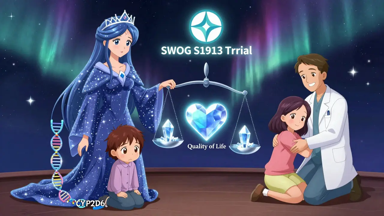 Cosmic courtroom balances endoxifen crystal against heart symbol of quality of life under starlit sky.