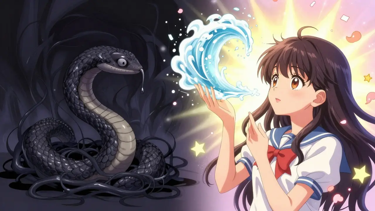 Dark earwax serpent dissolves into light as magical solution clears the canal.