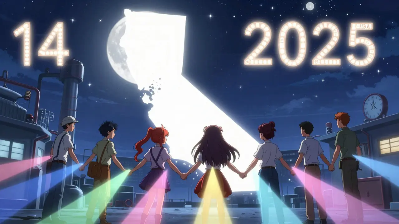 Diverse workers form a protective circle under a moonlit sky with floating legal notices and hotline numbers.