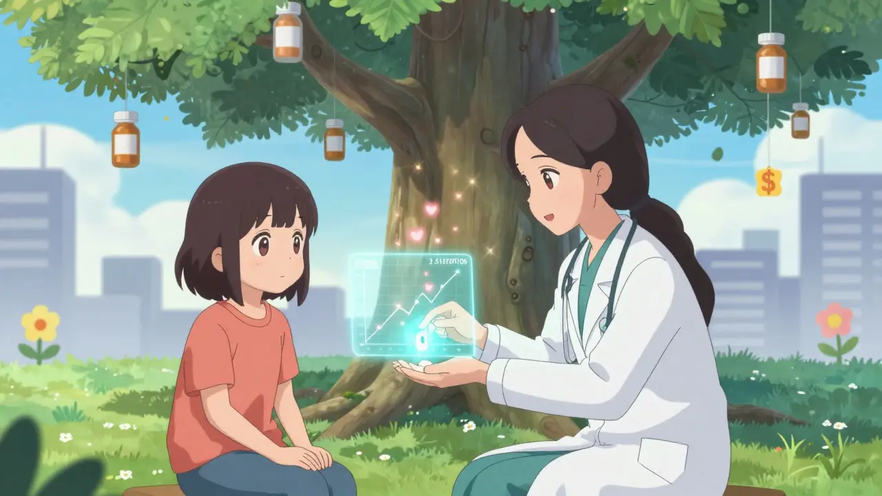 Doctor and patient under a prescription-bottle tree, with a hologram showing drug absorption equality.